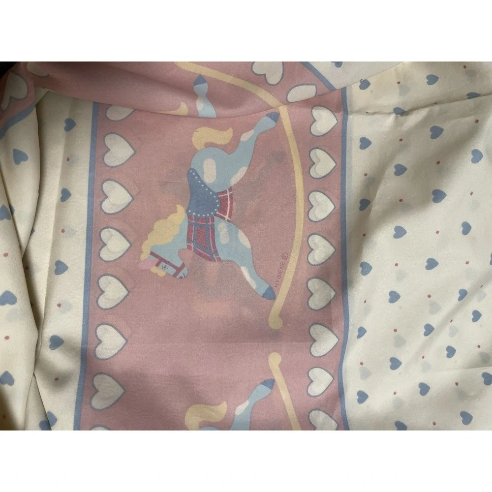 Vintage Shower Curtain Rocking Horse Blue Hearts Pink Granny Grannycore Cottage